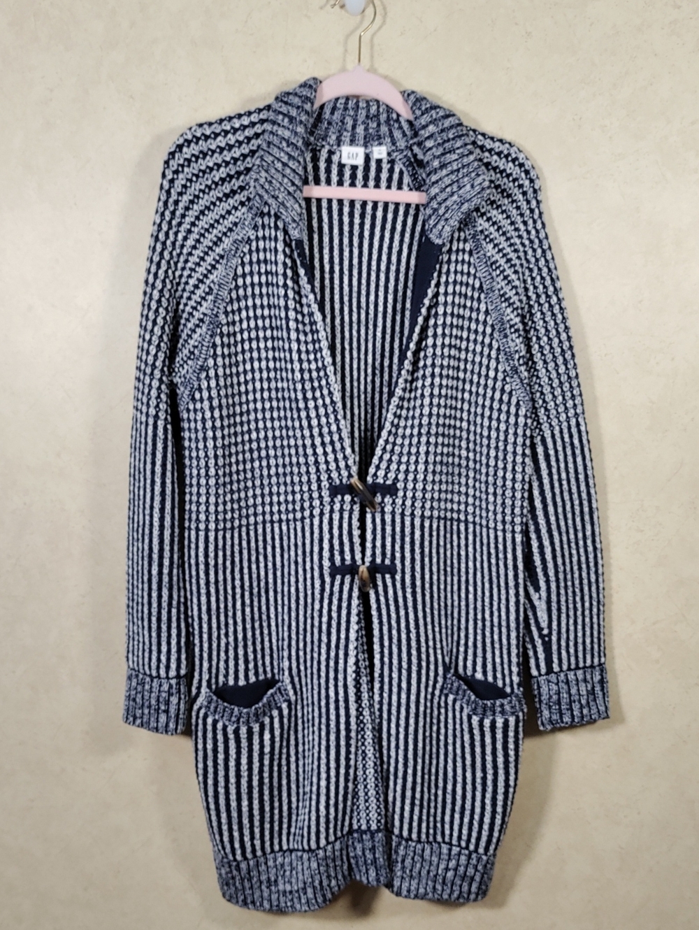J154 GAP Navy & White Striped Hooded Toggle Cardigan Coat XL